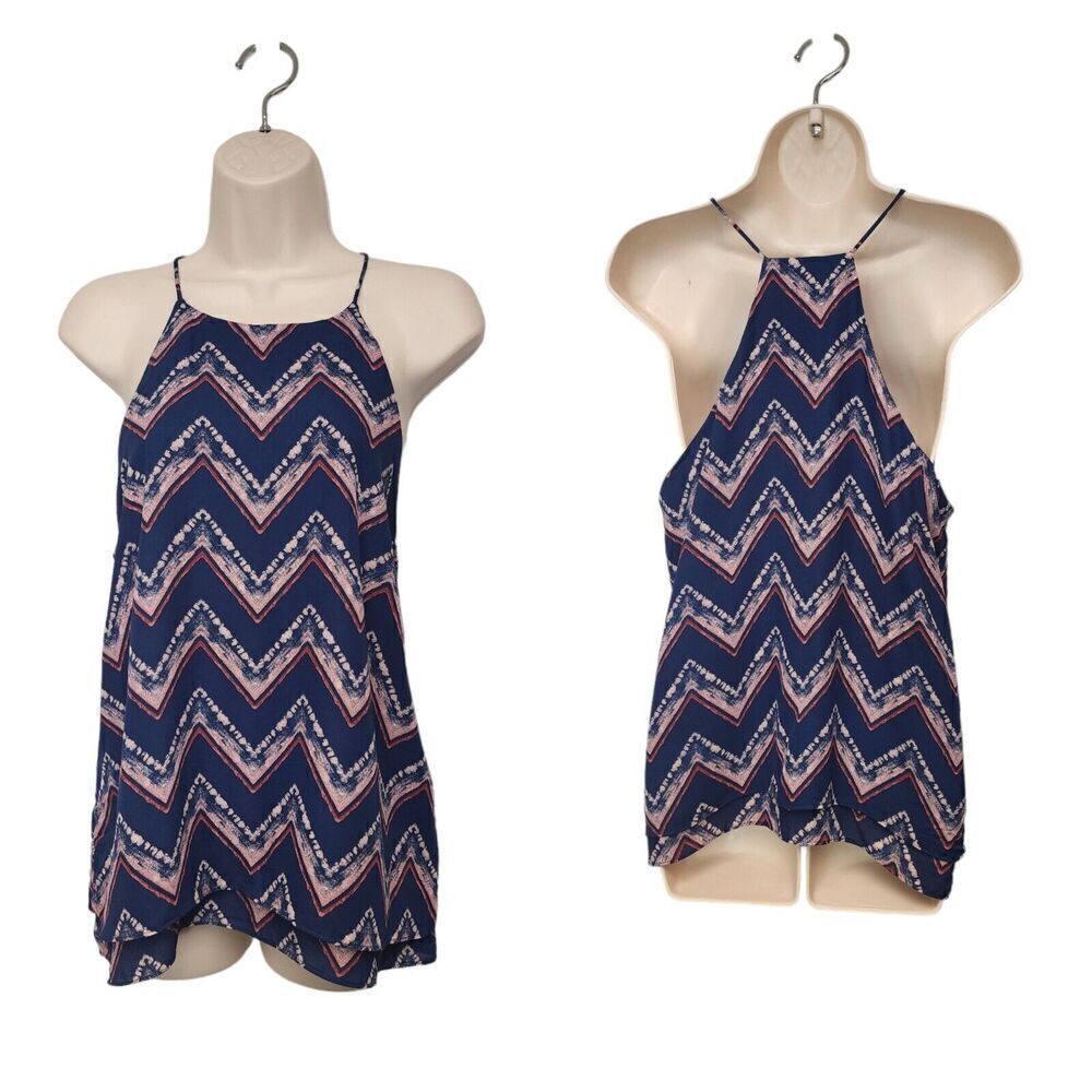 Paper Crane Womens Halter Neck Sleeveless Blouse Top Size Large Multicolor Navy
